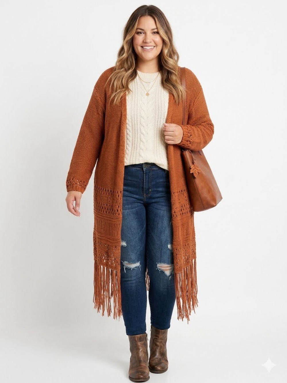 Reba Rust Orange Fringe Crochet Knit Duster Cardigan Sweater Fall Boho Western
